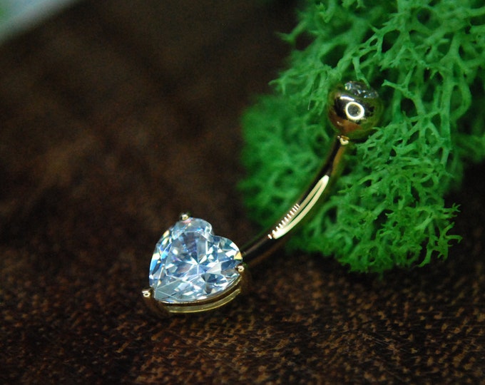 Solid 14 Karat Yellow Gold Navel Bar- Prong Set Heart CZ - Internally threaded