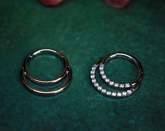 Titanium Double Band Daith / Septum Hinged Ring / Clicker, segment ring, CZ Gemmed Or Plain