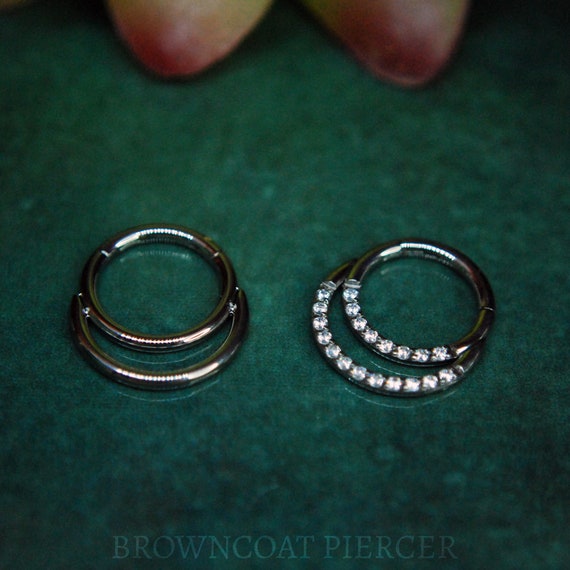 Titanium Double Band Daith / Septum Hinged Ring / Clicker CZ Gemmed Or Plain