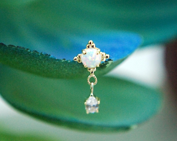 18k Yellow Gold Threadless Zia with Dangle End - Anatometal Cabochon White Opal & CZ -  push Fit