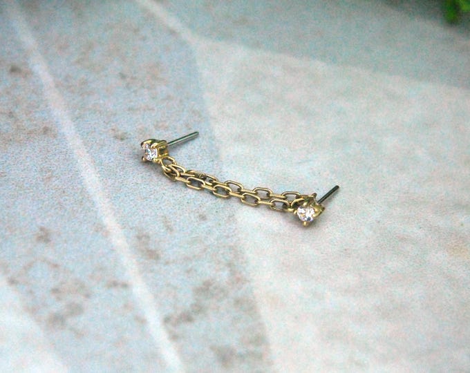 14k Yellow Gold "Duality" Threadless Attachment with chains -CZ End - Cubic Zirconia - push fit