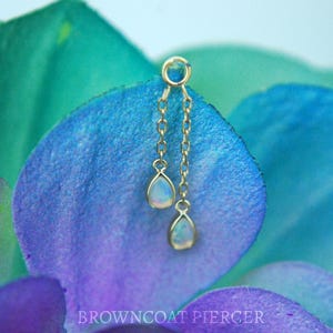 14k Yellow Gold and White Opal  Double Pear Cabochon Charm- chain, dangle, piercing charm