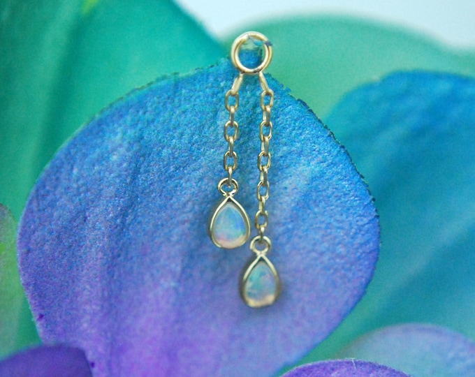 14k Yellow Gold and White Opal  Double Pear Cabochon Charm- chain, dangle, piercing charm