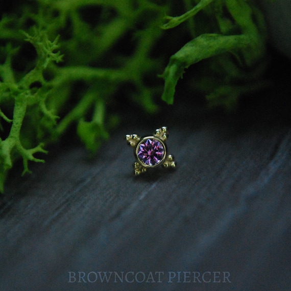 BVLA - 14k Yellow Gold "Mini Kandy" 5mm Threadless attachment - Synthetic Purple CZ - Cubic Zirconia - Push Fit