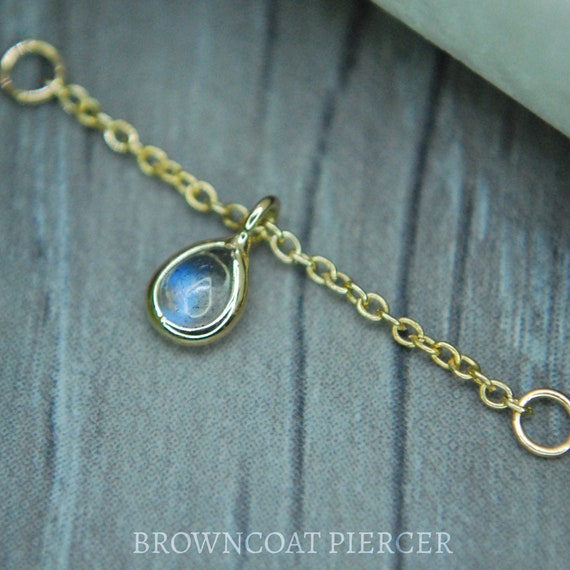 14k Yellow Gold Sliding Bezel Pear Labradorite Gemstone Chain - Piercing accessory, body piercing