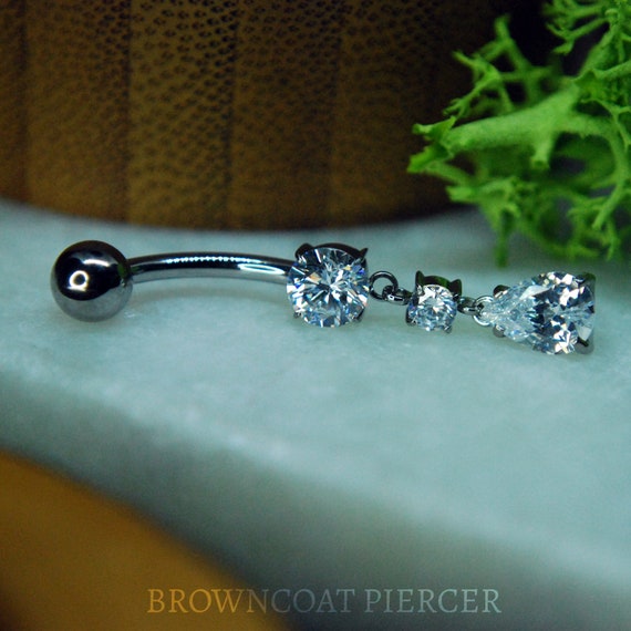 Titanium Prong Set Double CZ Teardrop Dangle Navel Belly Bar - Internally threaded, Cubic Zirconia, Drop