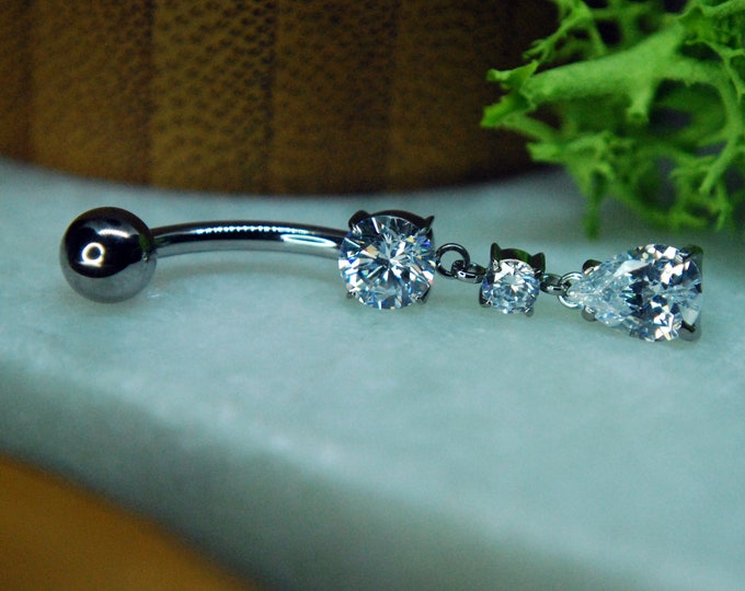Titanium Prong Set Double CZ Teardrop Dangle Navel Belly Bar - Internally threaded, Cubic Zirconia, Drop
