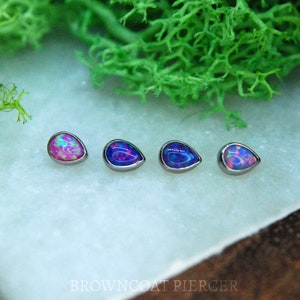 Internally Threaded Titanium Opal Teardrop attachments, Bezel Set,  Body Jewellery. Colour Options 16ga, 1.2mm