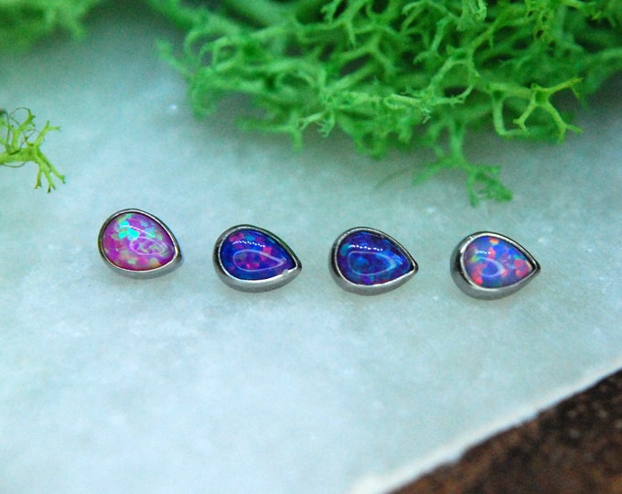 Internally Threaded Titanium Opal Teardrop attachments, Bezel Set,  Body Jewellery. Colour Options 16ga, 1.2mm