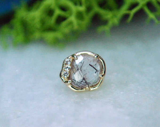 Solid 14k Yellow Gold Vision - Tourmalated Quartz and White Topaz Threadless End - Triple, Push Fit