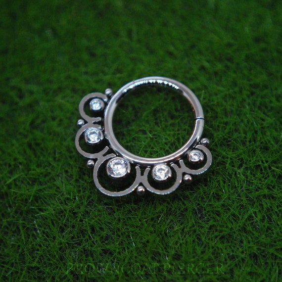 Titanium Beaded 'Lace' Clicker Ring with CZ Gems - 16ga, hinged, Segment ring 8mm