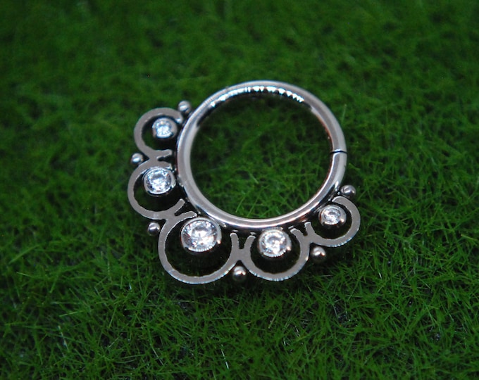 Titanium Beaded 'Lace' Clicker Ring with CZ Gems - 16ga, hinged, Segment ring 8mm