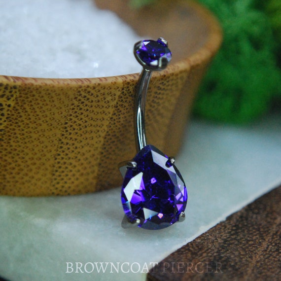 Titanium Purple Prong Set Double Gem Teardrop Navel Belly Bar