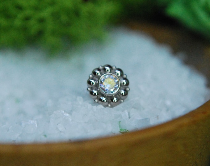 Neometal Threadless 'Kumo' End - Solid 18k White Gold & Aurora Borealis Cubic Zirconia - AB CZ - Push Fit