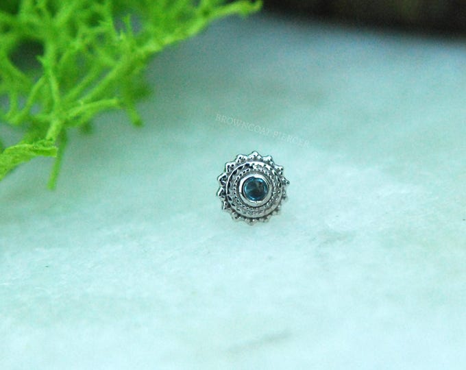 BVLA - 14k White Gold 4mm "Afghan"   Threadless attachment - Reverse Set London Blue Topaz - Push Fit / Pin