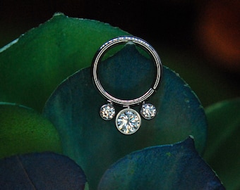 Triple Gem Titanium Hinged Segment Ring - Clicker- Daith, Septum, Helix, Nostril, earlobe, Etc.