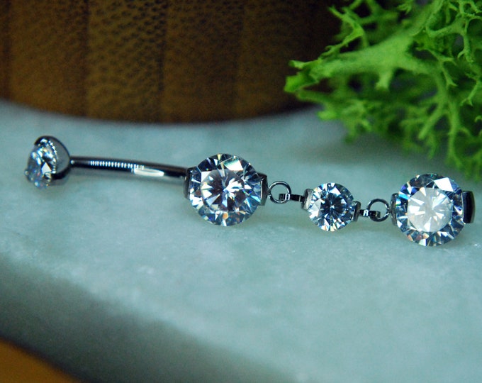 Titanium Prong Set Double CZ Double Dangle Navel Belly Bar - Internally threaded, Cubic Zirconia, Drop