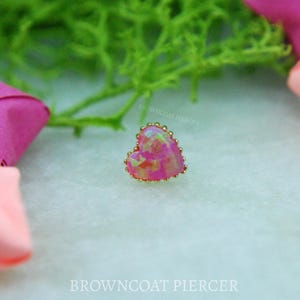 18k Yellow Gold Opal Heart End - Bubblegum Pink Fauxpal - Anatometal - Threadless attachment, push fit, bubble gum