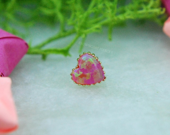 18k Yellow Gold Opal Heart End - Bubblegum Pink Fauxpal - Anatometal - Threadless attachment, push fit, bubble gum