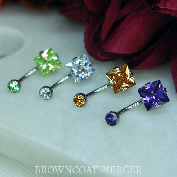 Titanium Square Gem Navel / Belly Bar - Multiple Colours - ASTM F136 - 1.6mm 14ga - Internally Threaded