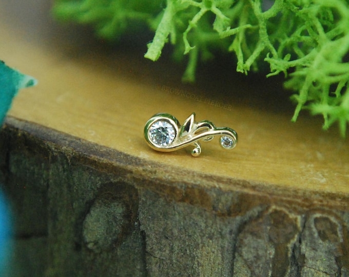 Solid 14k Yellow Gold 'Paragon'  - Cubic Zircionia Threadless End - Push Fit - Swirl, leaf