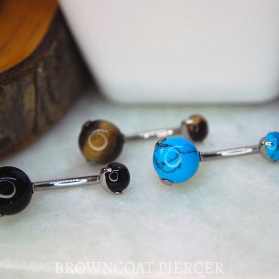 Titanium Prong Set Double Gem Navel Bar Natural Stones - Belly Bar - Black Agate, Tigers Eye, & Turquoise