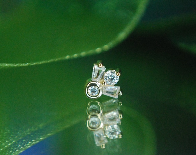 14k Gold Threadless Quad Gem Flourish End - Yellow or White Gold - CZ / Cubic Zirconia - push fit attachment