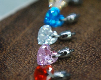 Titanium Heart CZ Gem Piercing Charm Internally Threaded End, 1.2mm / 16ga attachment, multiple colour options.
