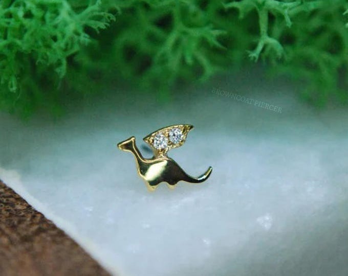 14kt Yellow Gemmed Dragon - Threadless End - Cubic Zirconia, CZ, Crystal, Wings, Dragon