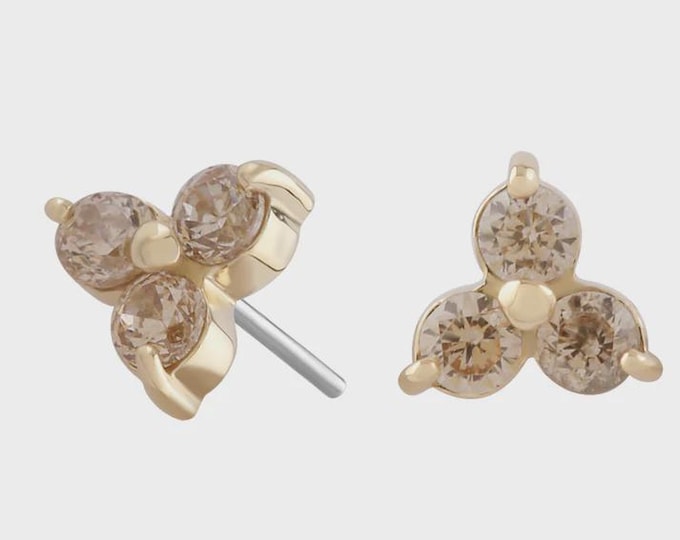 14k Yellow Gold Gem Trilogy Threadless attachment -  Champagne Cubic Zirconia - CZ - Push Fit