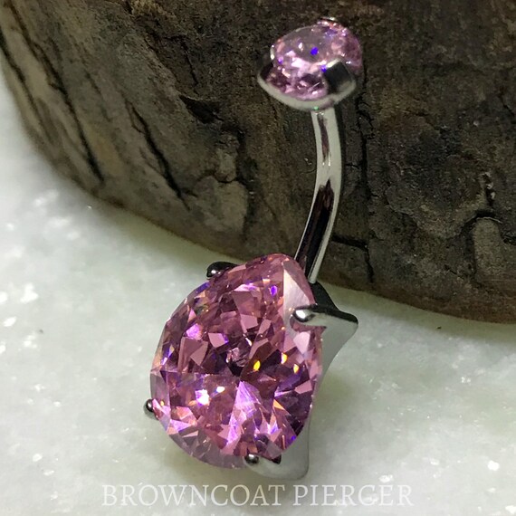 Titanium Pink Prong Set Double Gem Teardrop Navel Belly Bar