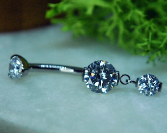 Titanium Prong Set Double CZ Dangle Navel Belly Bar - Internally threaded, Cubic Zirconia, Drop