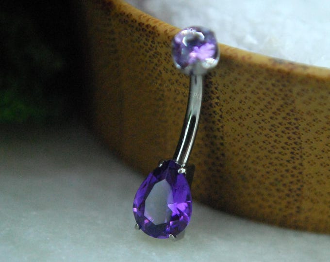 Titanium Amethyst Prong Set Double Gem Teardrop Navel Belly Bar
