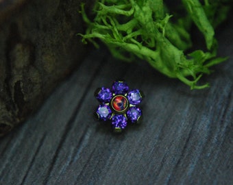 Internally Threaded Titanium Flower Cluster, Body Jewellery. Purple CZ and Lavender Opal, Cubic Zirconia,  16ga, 1.2mm - PRE ANODISED Gold