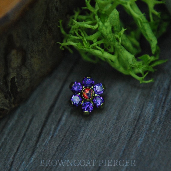 Internally Threaded Titanium Flower Cluster, Body Jewellery. Purple CZ and Lavender Opal, Cubic Zirconia,  16ga, 1.2mm - PRE ANODISED Gold