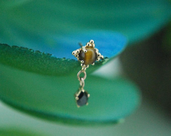 18k Yellow Gold Threadless Zia with Dangle End - Anatometal Cabochon Tigers Eye & CZ -  push Fit