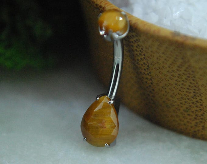 Titanium Tigers Eye Prong Set Double Gem Teardrop Navel Belly Bar