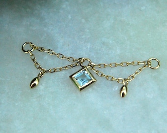 14K Yellow Gold Chain - Princess Cut Blue Topaz - Piercing Charm, Dangle