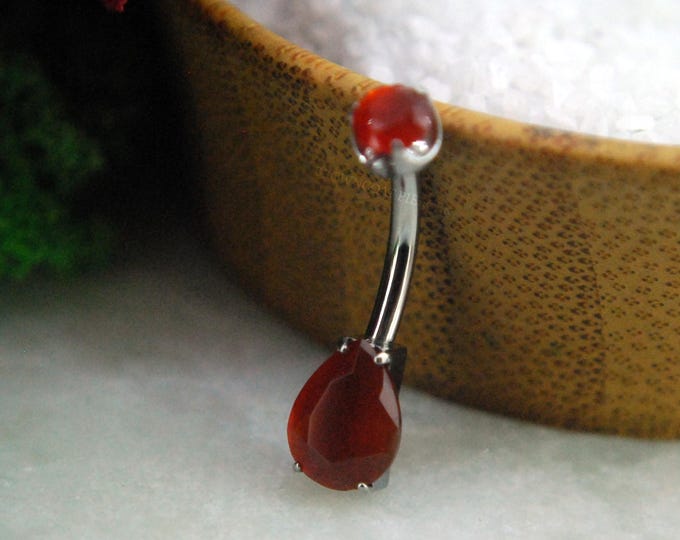 Titanium Red Onyx Prong Set Double Gem Teardrop Navel Belly Bar