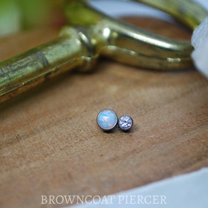 Titanium Double Gem End - Opal & CZ - Internally threaded Implant grade 1.2mm / 16ga end