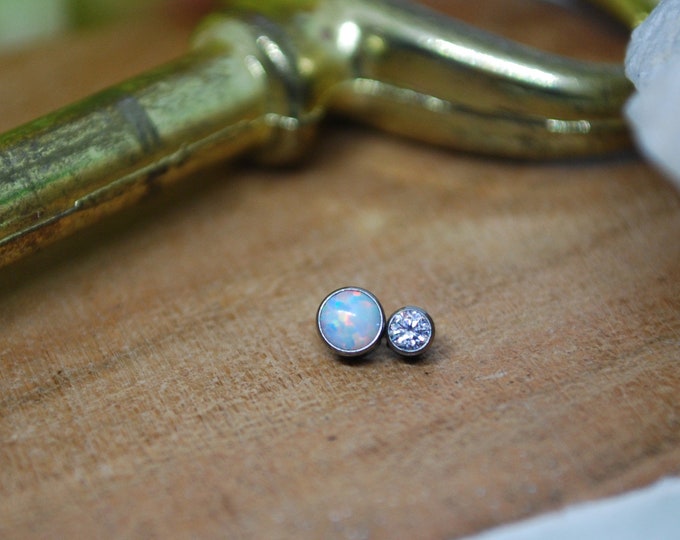 Titanium Double Gem End - Opal & CZ - Internally threaded Implant grade 1.2mm / 16ga end