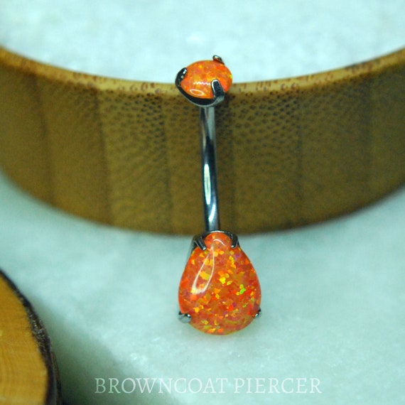 Titanium Prong Set Double Orange Opal Teardrop Navel Belly Bar