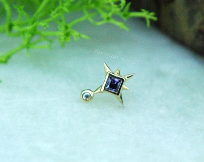Solid 14k Yellow Gold Lolanthe Threadless End with Crystal CZ and Purple CZ gem  - JUNIPURR - Cubic Zirconia Attachment