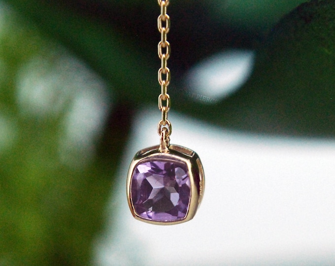 14k Yellow Gold Chain Charm, Amethyst, Square, Dangle