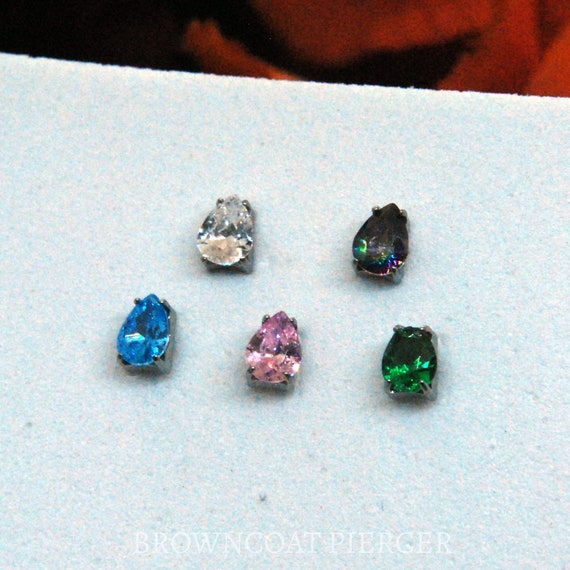 Internally Threaded Titanium CZ Teardrop attachments, Body Jewellery. Colour Options 16ga, 1.2mm, Pear Prong Set