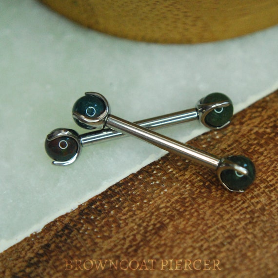 A pair of Titanium Claw Set Bloodstone End Nipple Bars - 14ga, Internally threaded barbell, double gem, natural stone