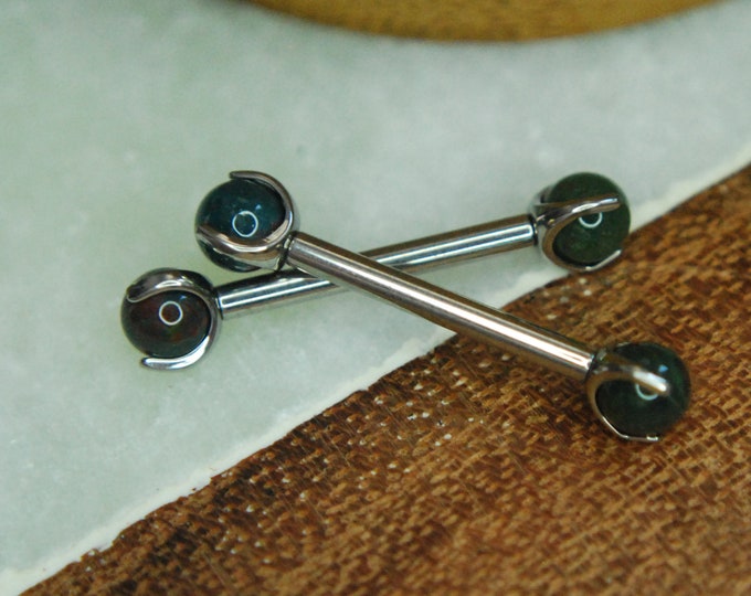 A pair of Titanium Claw Set Bloodstone End Nipple Bars - 14ga, Internally threaded barbell, double gem, natural stone