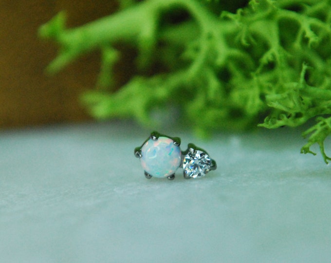 Implant Grade Threadless Titanium White Opal and Crystal end - Push Fit - Cubic Zirconia, CZ, Fauxpal