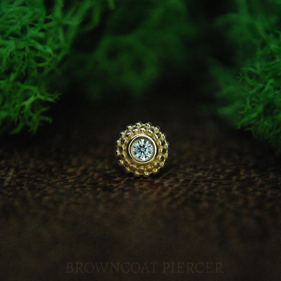 14k Yellow Gold Threadless Beaded Bezel Set CZ End - CZ, Cubic Zirconia, Crystal - push fit attachment