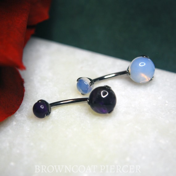 Titanium Prong Set Double Gem Navel Bar Stones - Belly Bar - Amethyst and Opalite